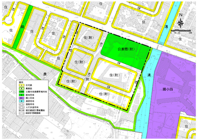 新莊高中一用地變更後示意圖，除住宅區、道路用地，另規劃0.69公頃公園用地，後續將由體育處、交通局評估興建國民運動中心並共構停車場。