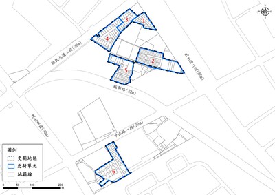 「劃定新北市板橋區捷運板新站周邊地區更新地區及訂定都市更新計畫」案更新地區及更新單元範圍示意圖。