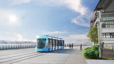 淡海輕軌第二期河岸段模擬圖-市民活動中心周邊。圖為新北市政府捷運局提供