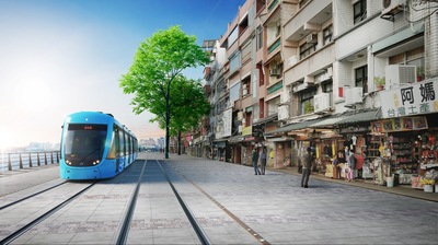 淡海輕軌第二期河岸段模擬圖-糕餅博物館周邊。圖為新北市政府捷運局提供