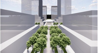 B單元商業區雙排喬木人行步道至立體架構走廊透視圖